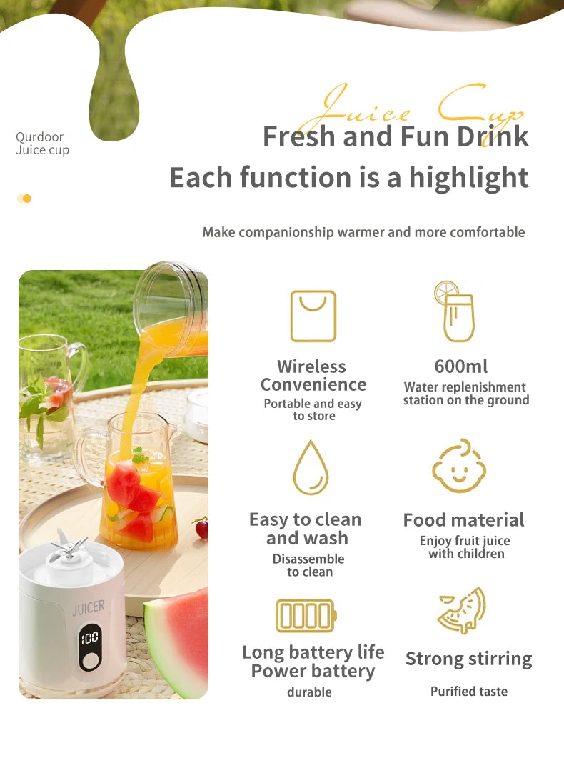Portable Blender 600ML Electric USB Rechargeable Juicer for Smoothies Fruits Personal Mini Juicer for Travel Outdoor Fitness